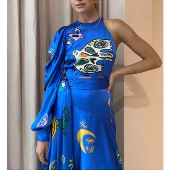 Alemais 100% silk Soleil One Shoulder Midi Dress In Cobalt NWT - Picture 3 of 8